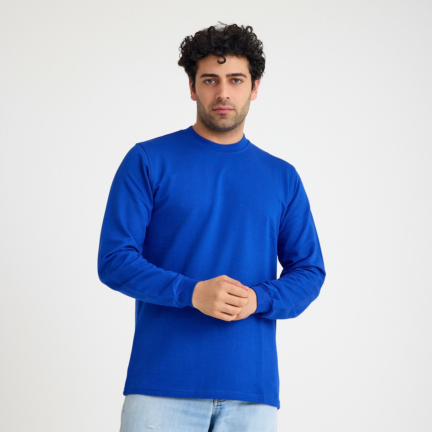 İki İplik Sweatshirt - Bisiklet Yaka | Saks Mavi