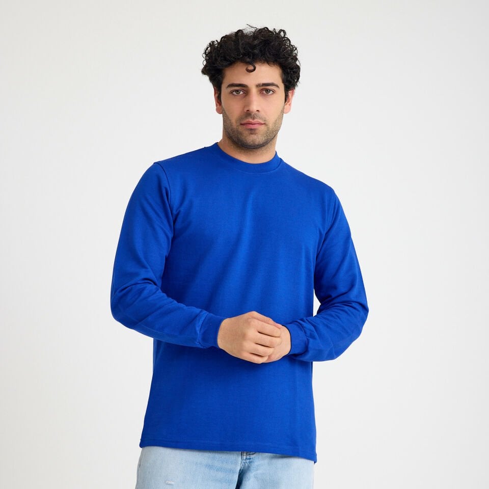 İki İplik Sweatshirt - Bisiklet Yaka | Saks Mavi