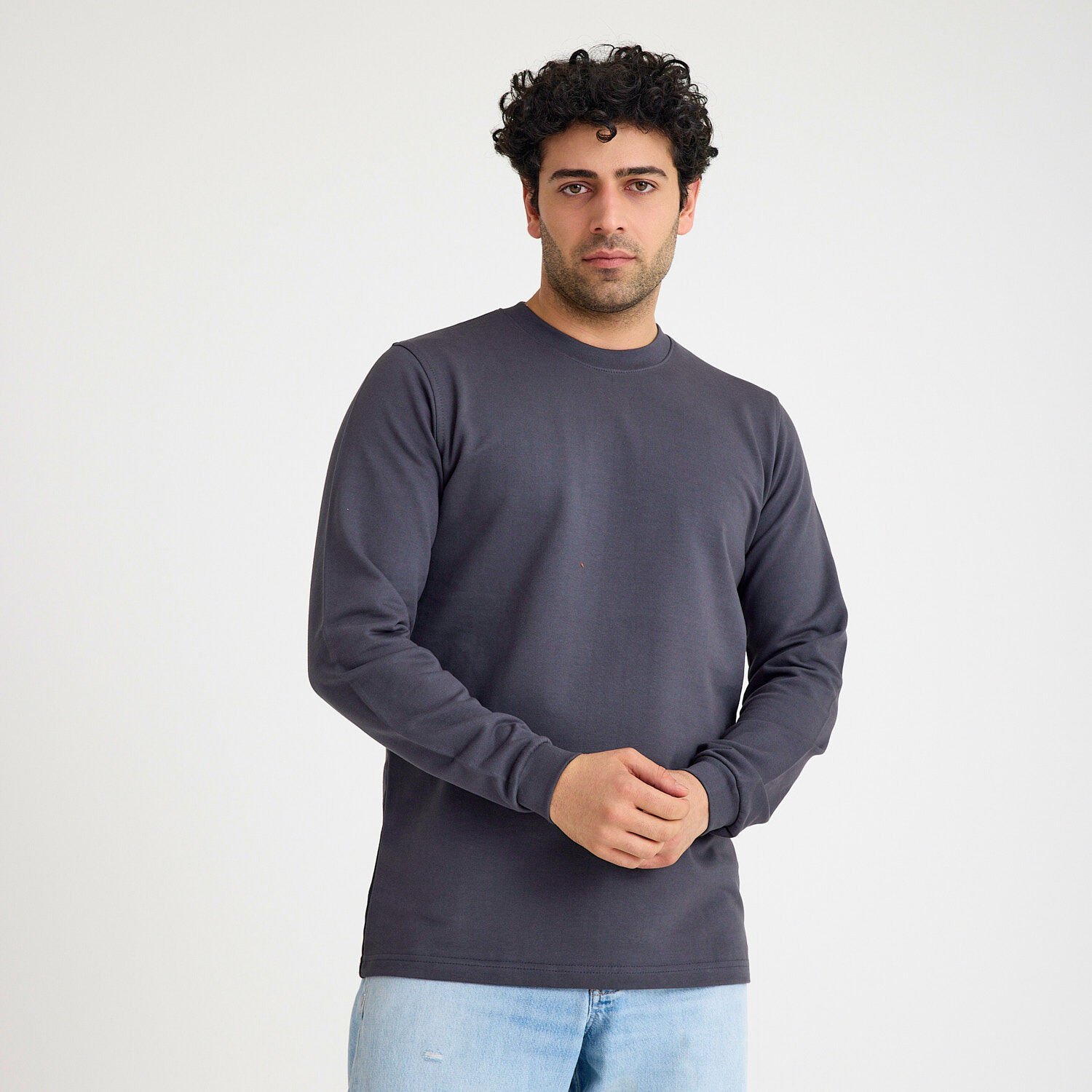 İki İplik Sweatshirt - Bisiklet Yaka | Füme