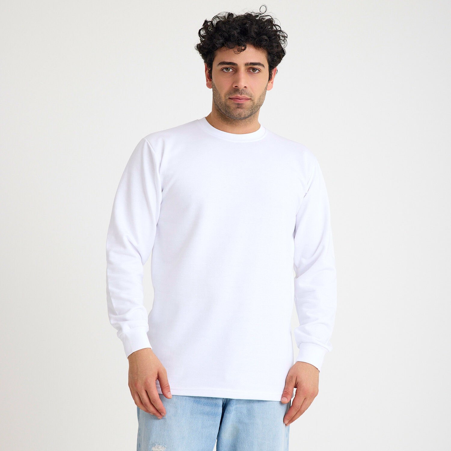 İki İplik Sweatshirt - Bisiklet Yaka | Beyaz