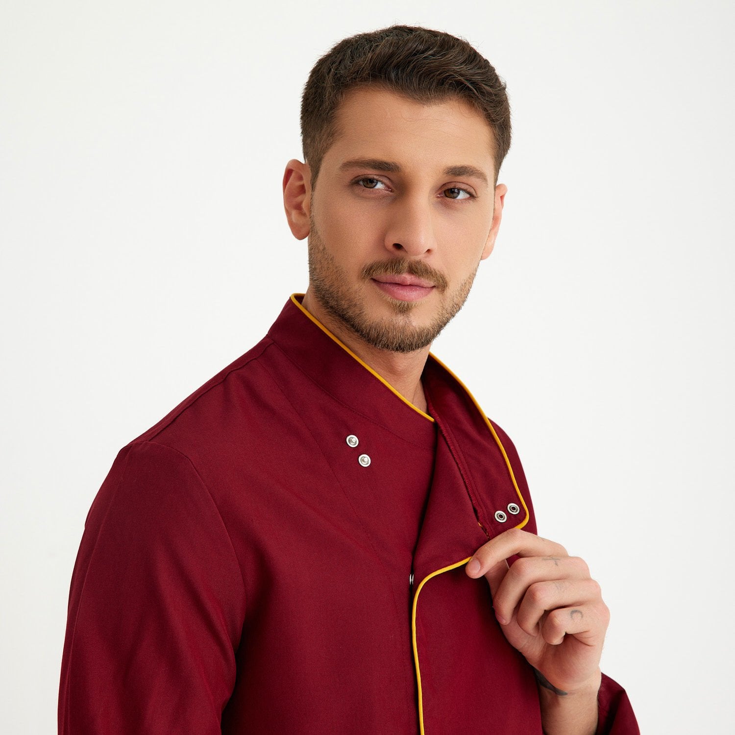 Bordo Sarı Biyeli Kruvaze Yaka Aşçı Ceketi