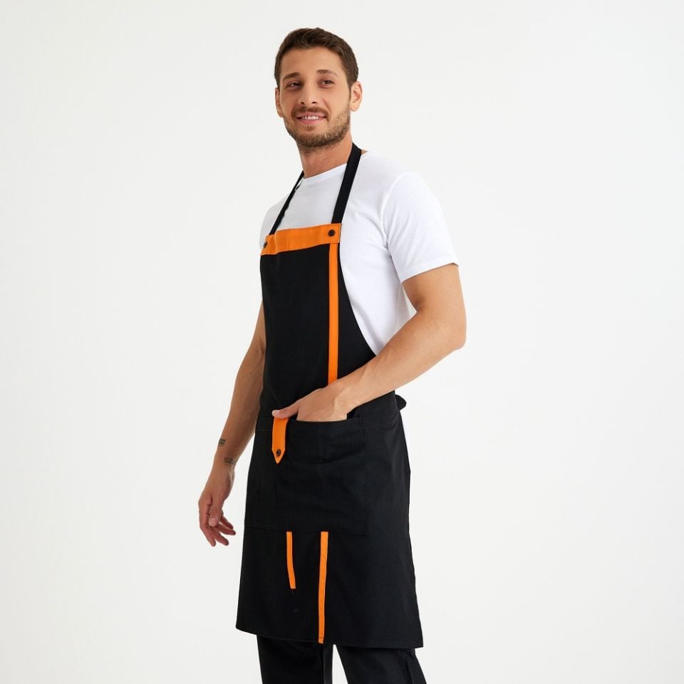 Siyah Turuncu Askılı Cepli Önlük
