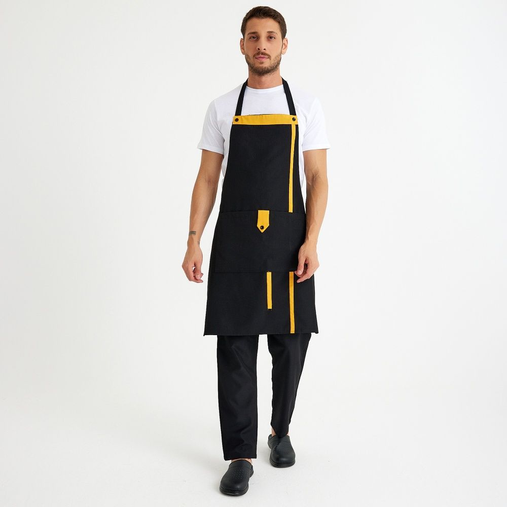 Siyah Sarı Askılı Cepli Önlük