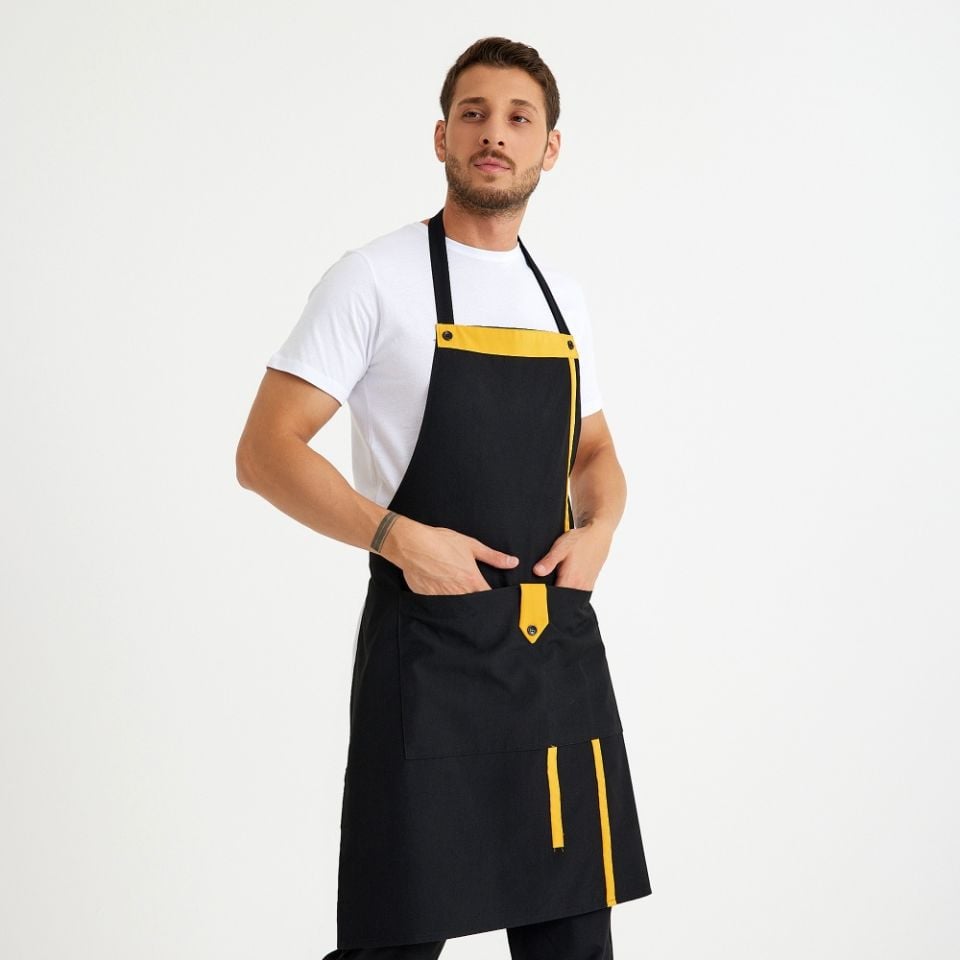 Siyah Sarı Askılı Cepli Önlük