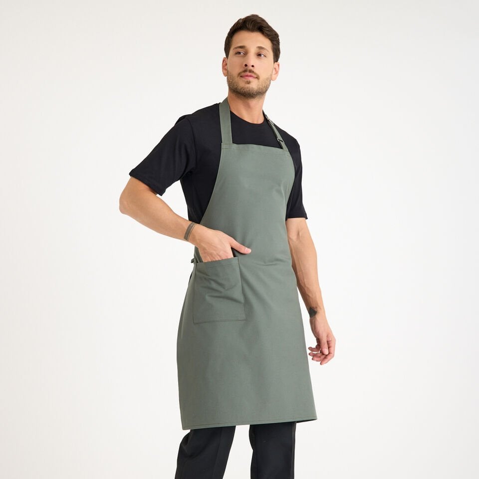 Gabardin Tokalı Askılı Önlük - Haki Tek Cep