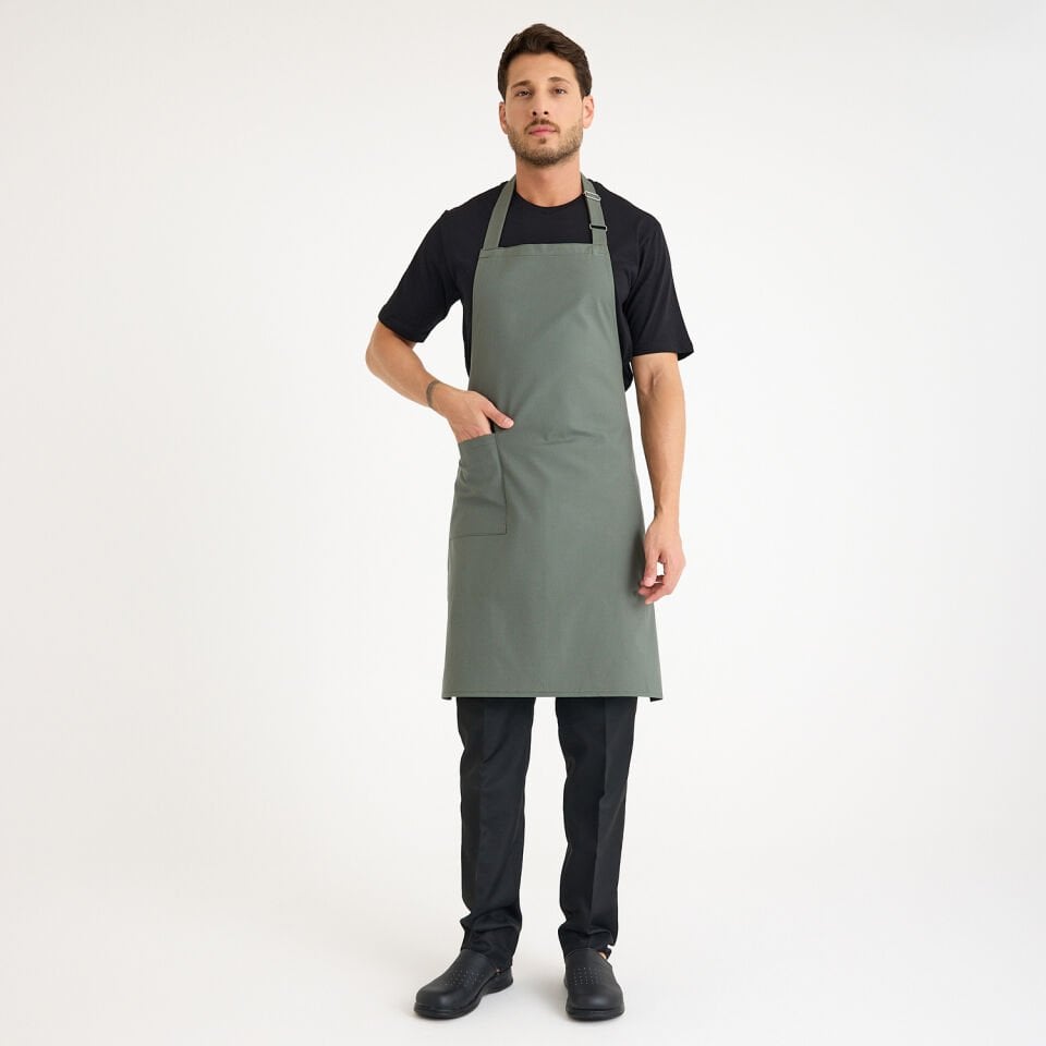 Gabardin Tokalı Askılı Önlük - Haki Tek Cep