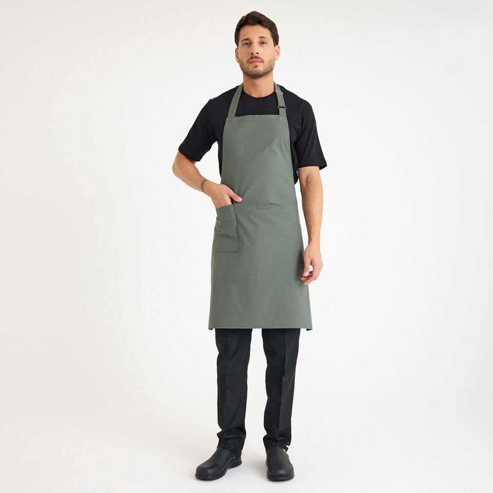 Gabardin Tokalı Askılı Önlük - Haki Tek Cep