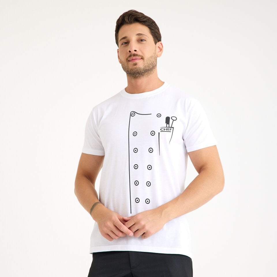 Beyaz ''Chef'' Baskı Bisiklet Yaka Aşçı Tişörtü