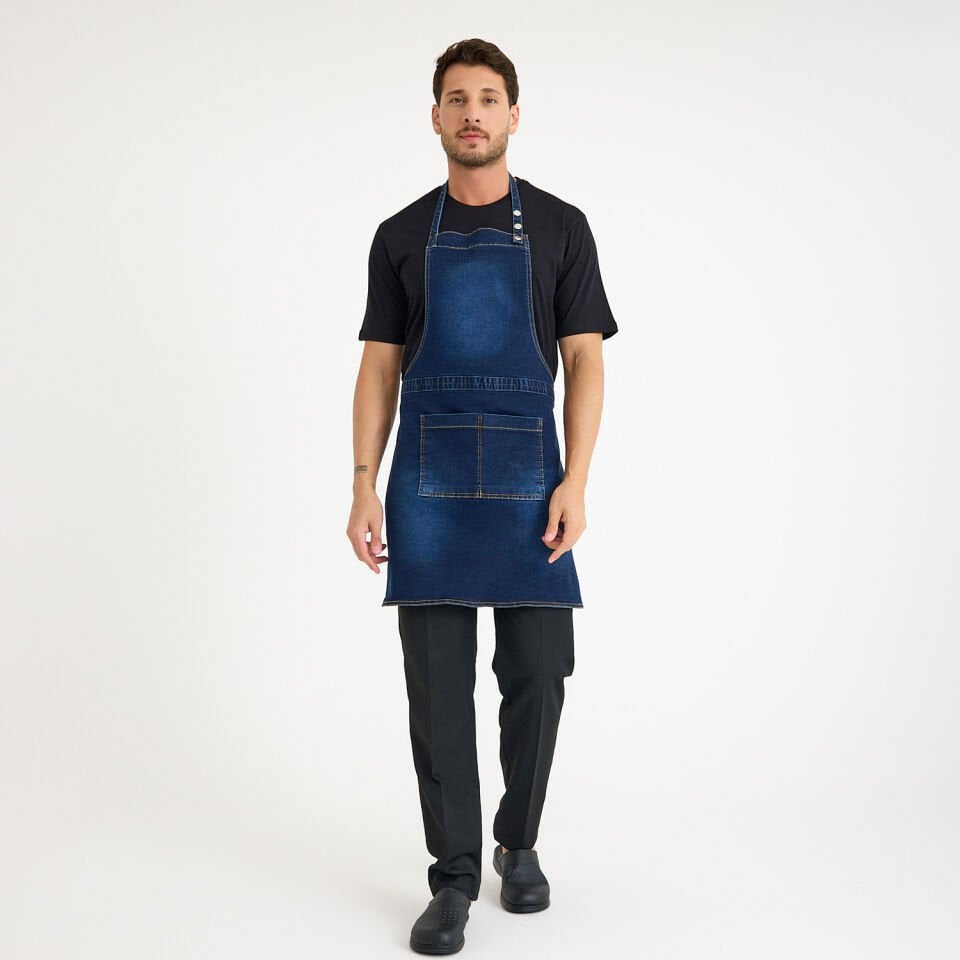 Koyu Kot Denim Askılı Cepli Önlük - Likralı