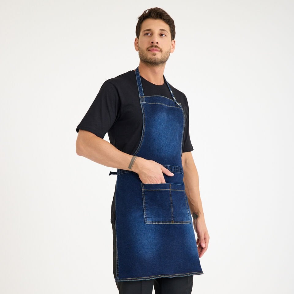 Koyu Kot Denim Askılı Cepli Önlük - Likralı