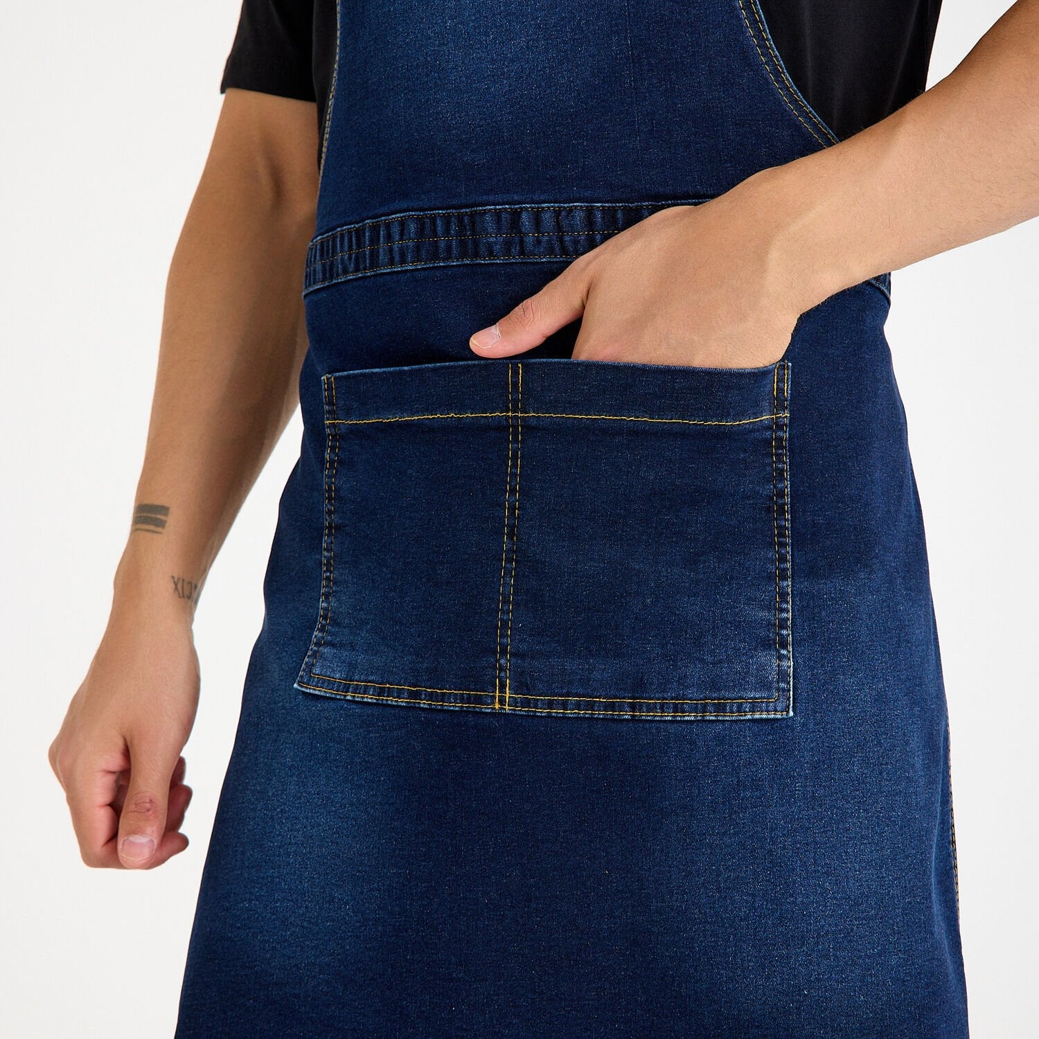 Koyu Kot Denim Askılı Cepli Önlük - Likralı