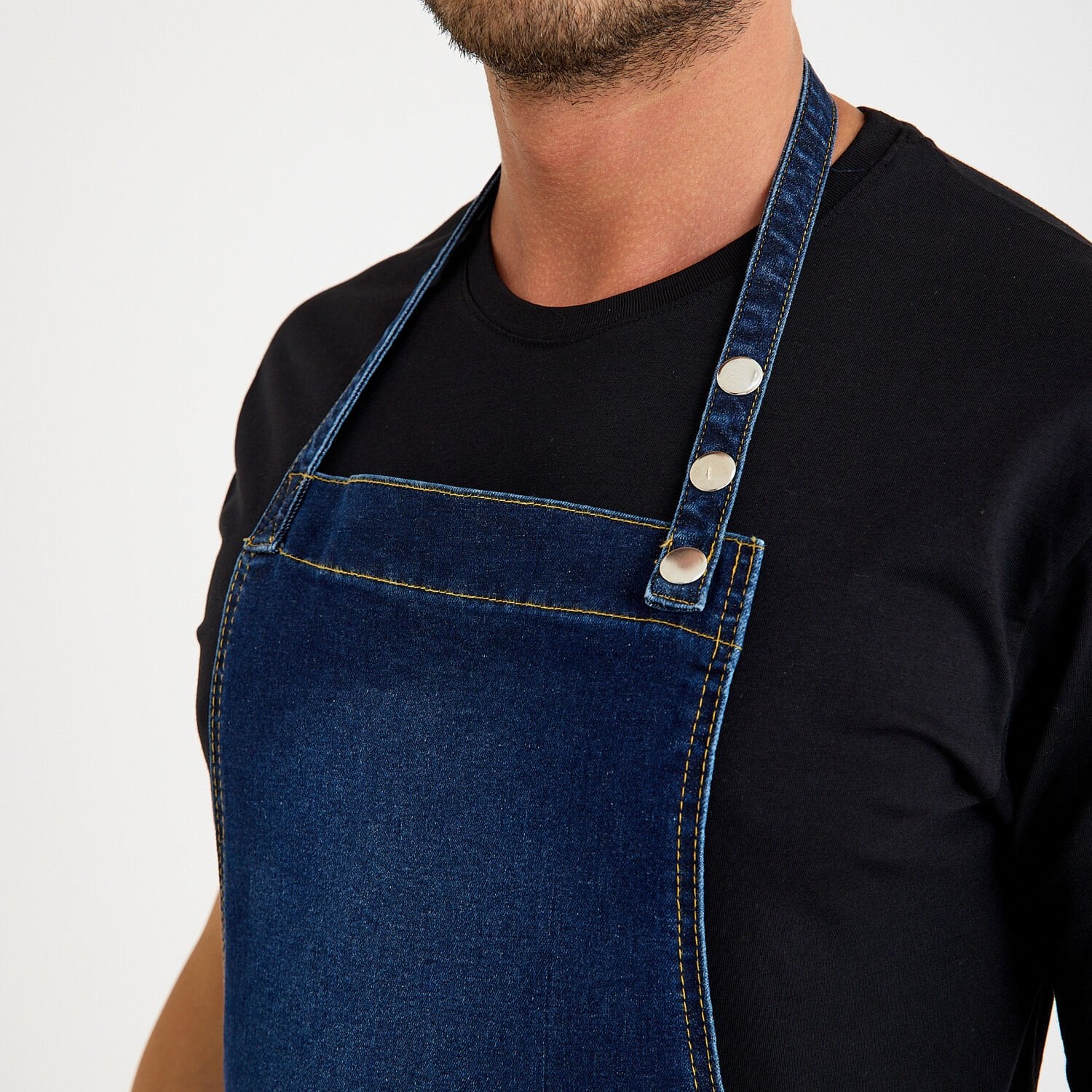 Koyu Kot Denim Askılı Cepli Önlük - Likralı