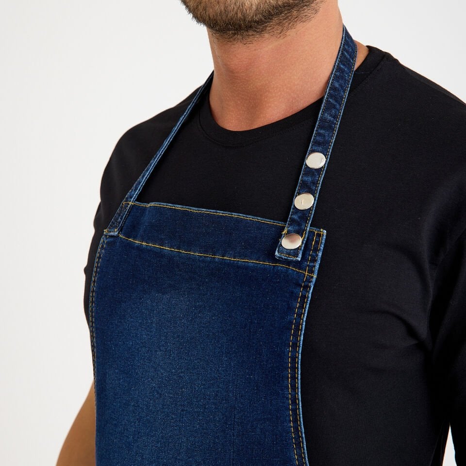 Koyu Kot Denim Askılı Cepli Önlük - Likralı