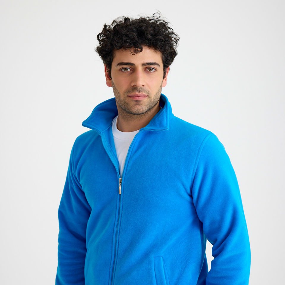 Turkuaz Dik Yaka Cepli Fermuarlı Polar Mont