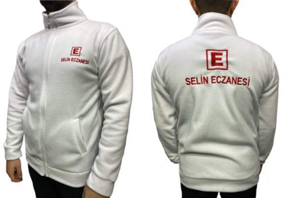 Beyaz Eczane Nakışlı Dik Yaka Cepli Polar Mont