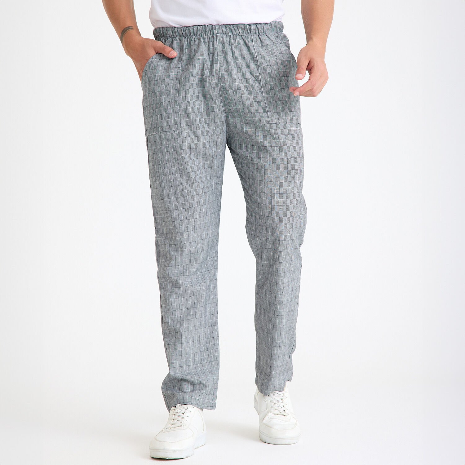 Gri Kare Desenli Lastikli Aşçı İş Pantolonu